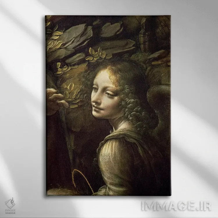 تابلو from The Virgin of the Rocks,جزئیات فرشته از تابلوی "بانوی صخرهها" اثر لئوناردو داوینچی (نقاش و مخترع ایتالیایی) - نمای روبهرو روی دیوار