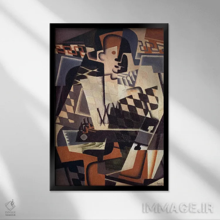 تابلو هارلکین با گیتار، ۱۹۱۷ (نقاشی روغنی روی بوم) اثر خوان گрис (نقاش کوبیست اسپانیایی) - نمای قابدار مشکی