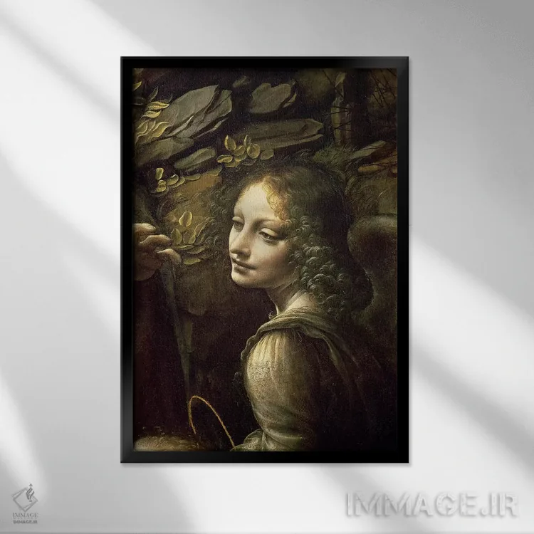تابلو from The Virgin of the Rocks,جزئیات فرشته از تابلوی "بانوی صخرهها" اثر لئوناردو داوینچی (نقاش و مخترع ایتالیایی) - نمای قابدار مشکی