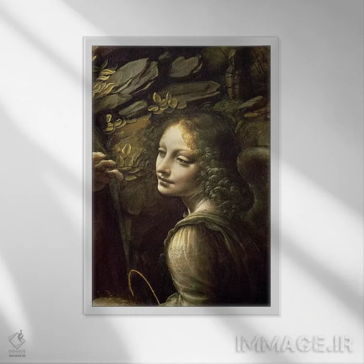تابلو from The Virgin of the Rocks,جزئیات فرشته از تابلوی "بانوی صخرهها" اثر لئوناردو داوینچی (نقاش و مخترع ایتالیایی) - نمای قابدار سفید