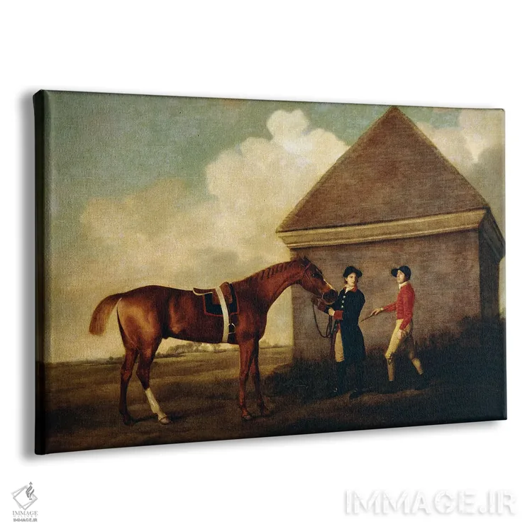 تابلو With A Jockey, By The Rubbing Down House At Newmarket, 1770,اسب مسابقهای "اکلیپس" (شاه بلوطی تیره) در کنار مربی و سوارکار در کنار اصطبل نیومارکت، ۱۷۷۰ اثر جورج استابز (نقاش حیوانات انگلیسی) - نمای پرسپکتیو محصول