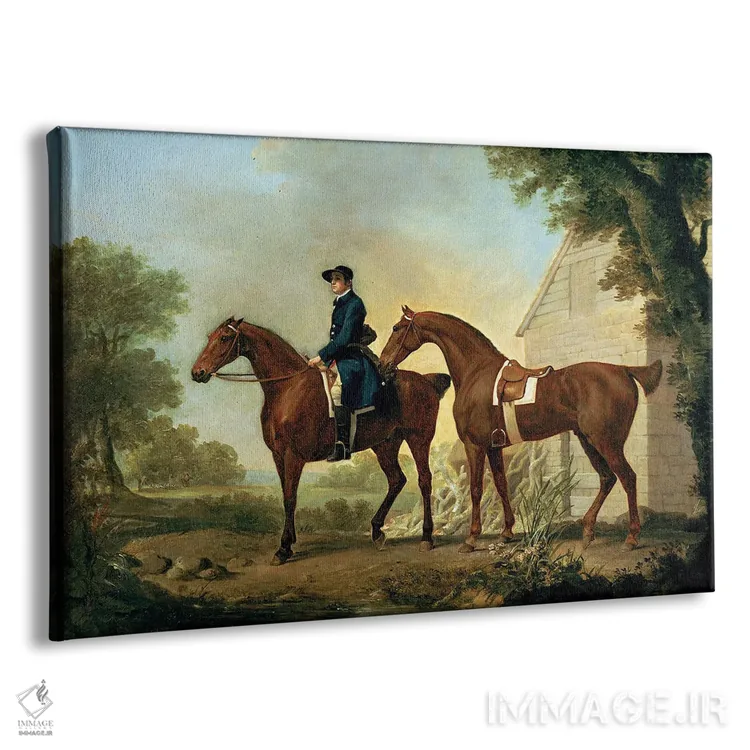 تابلو شکارچیان آقای کرو به همراه مربی نزدیک یک انبار چوبی اثر جورج استابز (نقاش حیوانات انگلیسی) - نمای پرسپکتیو محصول