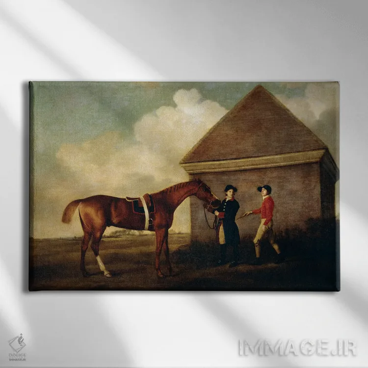 تابلو With A Jockey, By The Rubbing Down House At Newmarket, 1770,اسب مسابقهای "اکلیپس" (شاه بلوطی تیره) در کنار مربی و سوارکار در کنار اصطبل نیومارکت، ۱۷۷۰ اثر جورج استابز (نقاش حیوانات انگلیسی) - نمای روبهرو روی دیوار