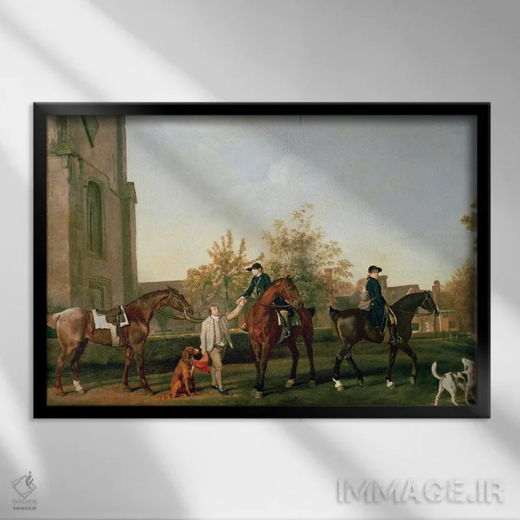 تابلو Bedfordshire, c.1765-8,خدمه شکار لرد تورینگتون در حال عزیمت از ساتهیل، بدفوردشایر، حدود ۱۷۶۵–۱۷۶۸ اثر جورج استابز (نقاش حیوانات انگلیسی) - نمای قابدار مشکی
