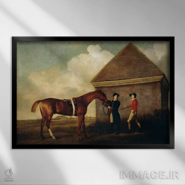 تابلو With A Jockey, By The Rubbing Down House At Newmarket, 1770,اسب مسابقهای "اکلیپس" (شاه بلوطی تیره) در کنار مربی و سوارکار در کنار اصطبل نیومارکت، ۱۷۷۰ اثر جورج استابز (نقاش حیوانات انگلیسی) - نمای قابدار مشکی