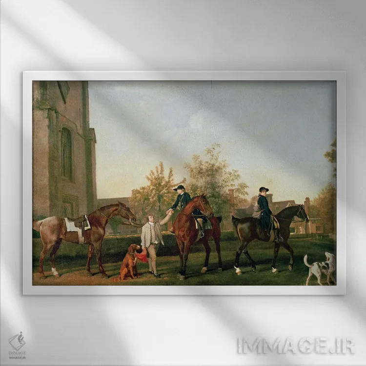 تابلو Bedfordshire, c.1765-8,خدمه شکار لرد تورینگتون در حال عزیمت از ساتهیل، بدفوردشایر، حدود ۱۷۶۵–۱۷۶۸ اثر جورج استابز (نقاش حیوانات انگلیسی) - نمای قابدار سفید