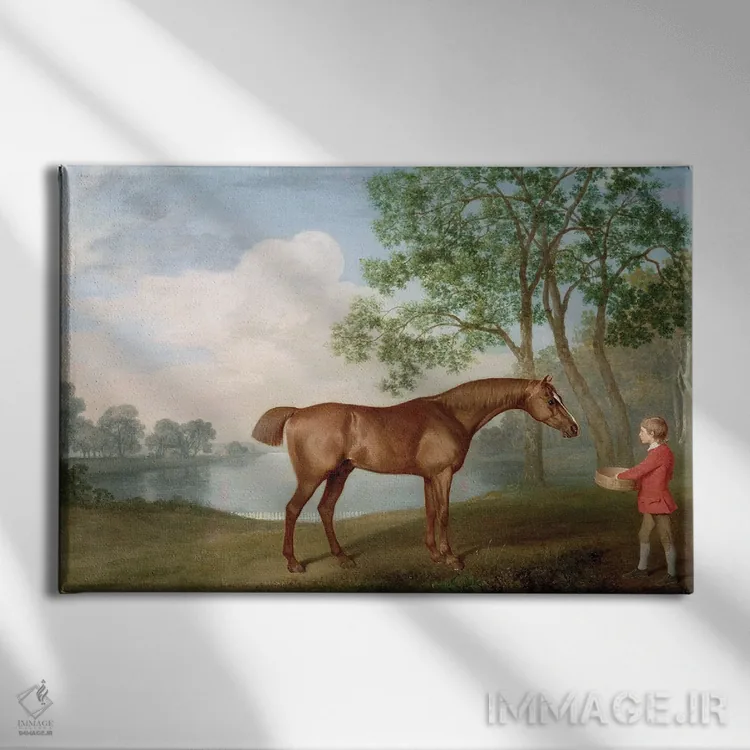 تابلو 1774,اسب "پامکین" با پسر اصطبل، ۱۷۷۴ اثر جورج استابز (نقاش حیوانات انگلیسی) - نمای روبهرو روی دیوار