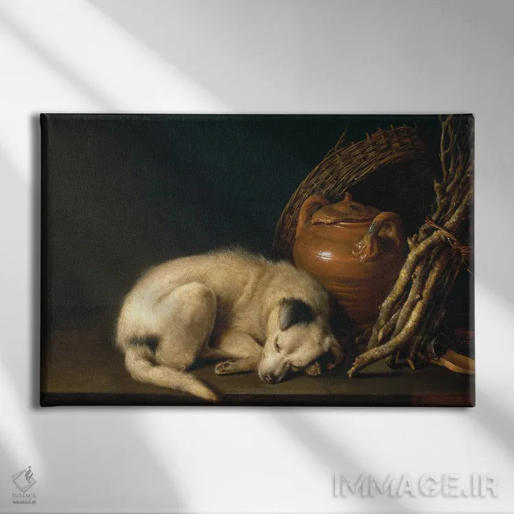 تابلو 1650,سگی در حال استراحت، ۱۶۵۰ اثر گریت دو (نقاش هلندی سبک باروک) - نمای روبهرو روی دیوار