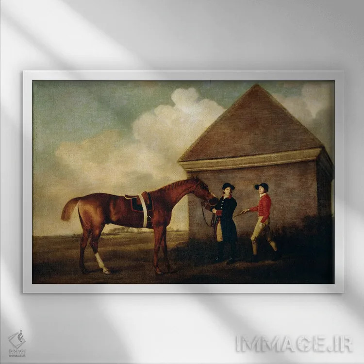تابلو With A Jockey, By The Rubbing Down House At Newmarket, 1770,اسب مسابقهای "اکلیپس" (شاه بلوطی تیره) در کنار مربی و سوارکار در کنار اصطبل نیومارکت، ۱۷۷۰ اثر جورج استابز (نقاش حیوانات انگلیسی) - نمای قابدار سفید