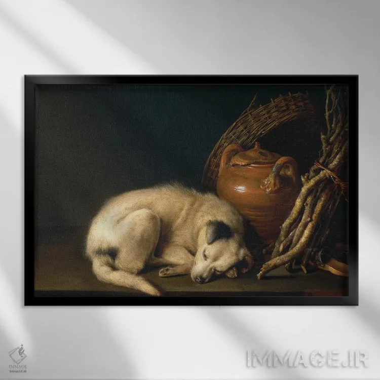 تابلو 1650,سگی در حال استراحت، ۱۶۵۰ اثر گریت دو (نقاش هلندی سبک باروک) - نمای قابدار مشکی