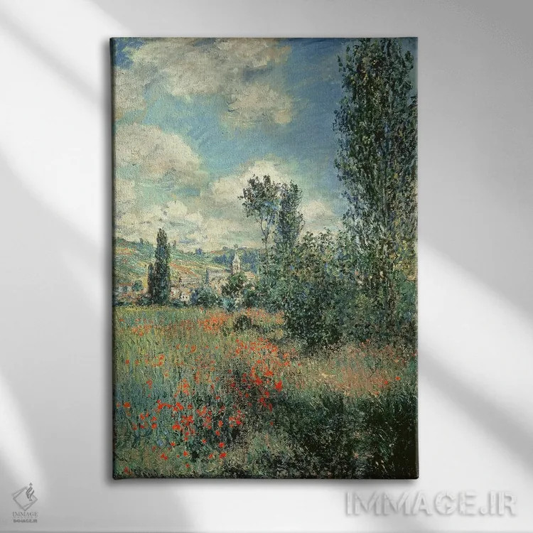 تابلو Ile Saint-Martin, Vetheuil, 1880,مسیر میان گلهای شقایق، جزیره سنمارتین، وتوی، ۱۸۸۰ اثر کلود مونه (نقاش معروف فرانسوی) - نمای روبهرو روی دیوار