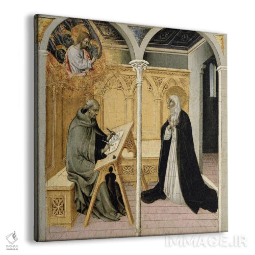 تابلو c.1447-49,سنت کاترین سیینا در حال دیکته گفتوگوهایش، حدود ۱۴۴۷-۴۹ اثر جیووانی دی پائولو دی گراتزیا (نقاش ایتالیایی) - نمای پرسپکتیو محصول