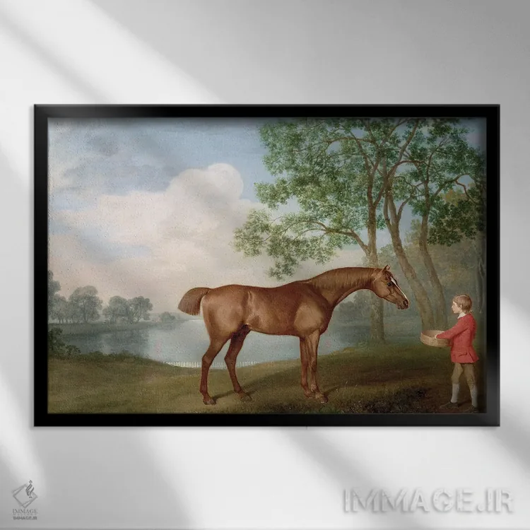 تابلو 1774,اسب "پامکین" با پسر اصطبل، ۱۷۷۴ اثر جورج استابز (نقاش حیوانات انگلیسی) - نمای قابدار مشکی