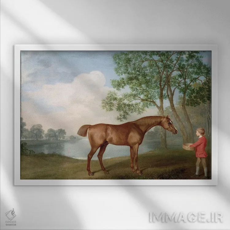 تابلو 1774,اسب "پامکین" با پسر اصطبل، ۱۷۷۴ اثر جورج استابز (نقاش حیوانات انگلیسی) - نمای قابدار سفید