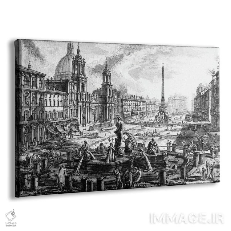 تابلو c.1760,نمای میدان ناوونا بر فراز ویرانههای سیرک آگونالیس (اثر حکاکی از مجموعه مناظر رم)، حدود ۱۷۶۰ اثر جیووانی باتیستا پیرانزی (هنرمند و معمار ایتالیایی) - نمای پرسپکتیو محصول