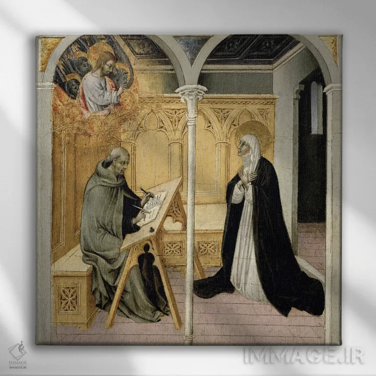 تابلو c.1447-49,سنت کاترین سیینا در حال دیکته گفتوگوهایش، حدود ۱۴۴۷-۴۹ اثر جیووانی دی پائولو دی گراتزیا (نقاش ایتالیایی) - نمای روبهرو روی دیوار