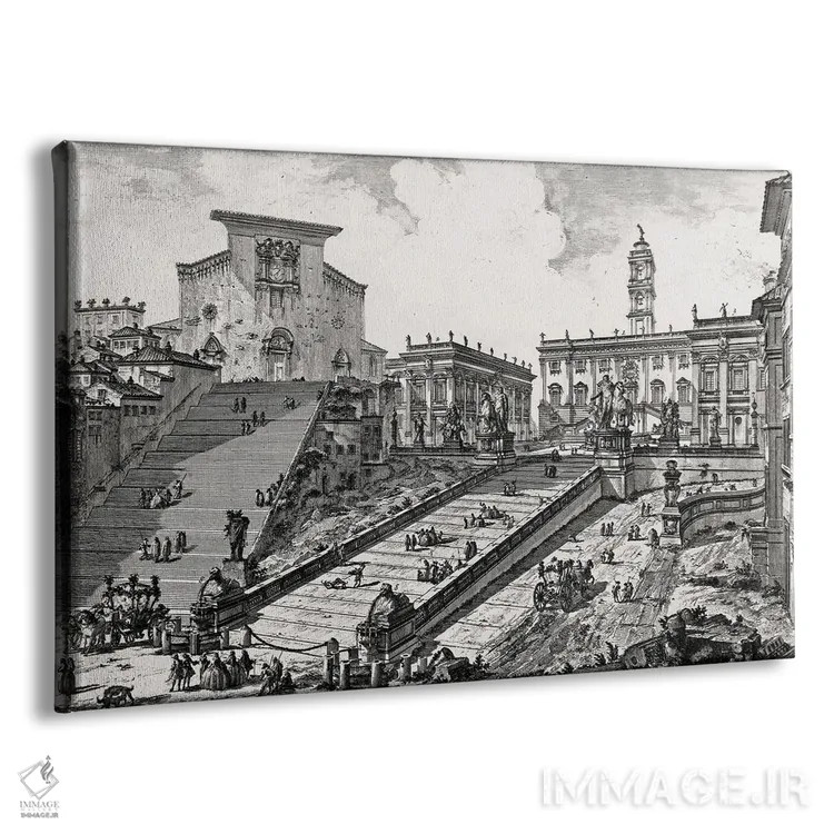 تابلو c.1760,نمای کامپیدولیو رم با پلکان منتهی به کلیسای آراچلی (اثر حکاکی از مناظر رم)، حدود ۱۷۶۰ اثر جیووانی باتیستا پیرانزی (هنرمند و معمار ایتالیایی) - نمای پرسپکتیو محصول