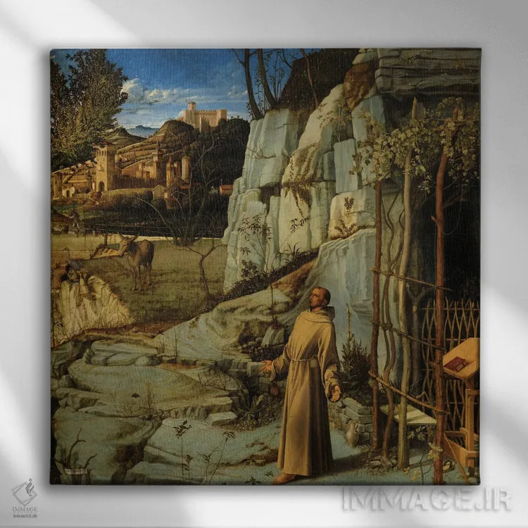 تابلو c.1476-78,سن فرانسیس در صحرا، حدود ۱۴۷۶-۷۸ اثر جیووانی بلینی (نقاش رنسانس ونیز) - نمای روبهرو روی دیوار