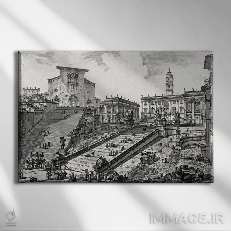 تابلو c.1760,نمای کامپیدولیو رم با پلکان منتهی به کلیسای آراچلی (اثر حکاکی از مناظر رم)، حدود ۱۷۶۰ اثر جیووانی باتیستا پیرانزی (هنرمند و معمار ایتالیایی) - نمای روبهرو روی دیوار