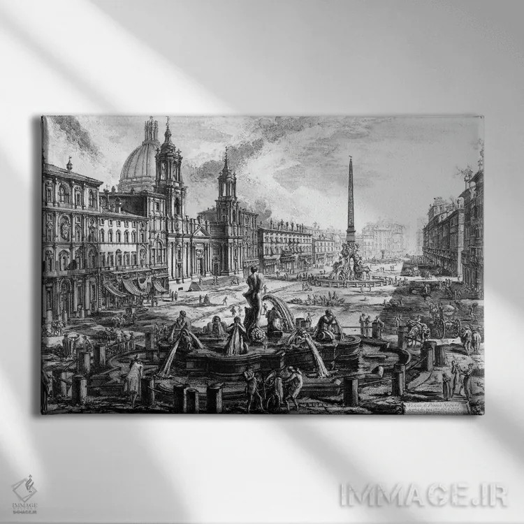 تابلو c.1760,نمای میدان ناوونا بر فراز ویرانههای سیرک آگونالیس (اثر حکاکی از مجموعه مناظر رم)، حدود ۱۷۶۰ اثر جیووانی باتیستا پیرانزی (هنرمند و معمار ایتالیایی) - نمای روبهرو روی دیوار