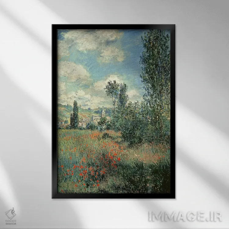 تابلو Ile Saint-Martin, Vetheuil, 1880,مسیر میان گلهای شقایق، جزیره سنمارتین، وتوی، ۱۸۸۰ اثر کلود مونه (نقاش معروف فرانسوی) - نمای قابدار مشکی