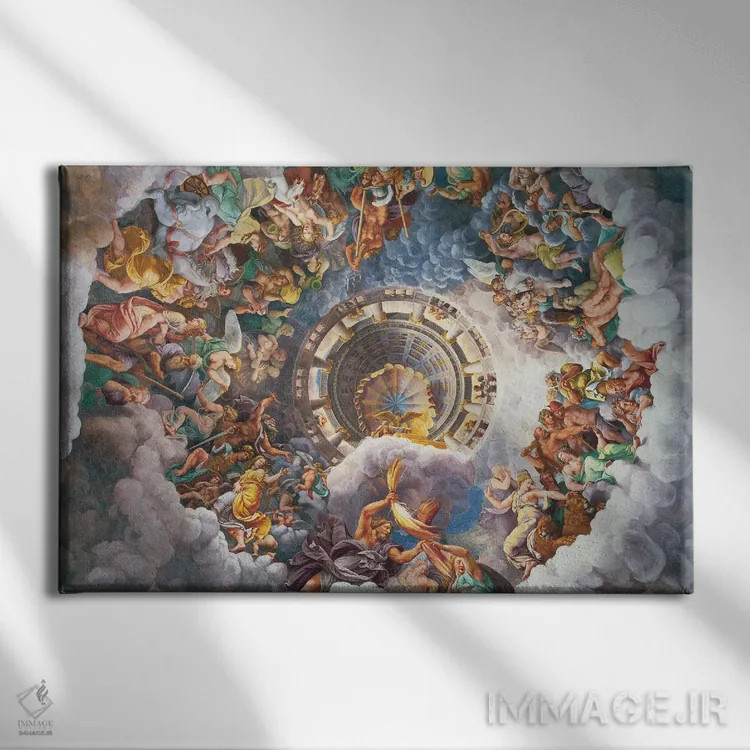 تابلو Fall Of The Giants Fresco, Sala dei Giganti, 1530-34,جزئیات سقف، نقاشی فرسک سقوط غولها، سالن جاینتی، ۱۵۳۰-۳۴ اثر جولیو رومانو (نقاش رنسانس ایتالیایی) - نمای روبهرو روی دیوار