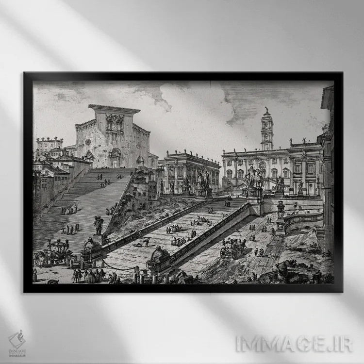 تابلو c.1760,نمای کامپیدولیو رم با پلکان منتهی به کلیسای آراچلی (اثر حکاکی از مناظر رم)، حدود ۱۷۶۰ اثر جیووانی باتیستا پیرانزی (هنرمند و معمار ایتالیایی) - نمای قابدار مشکی