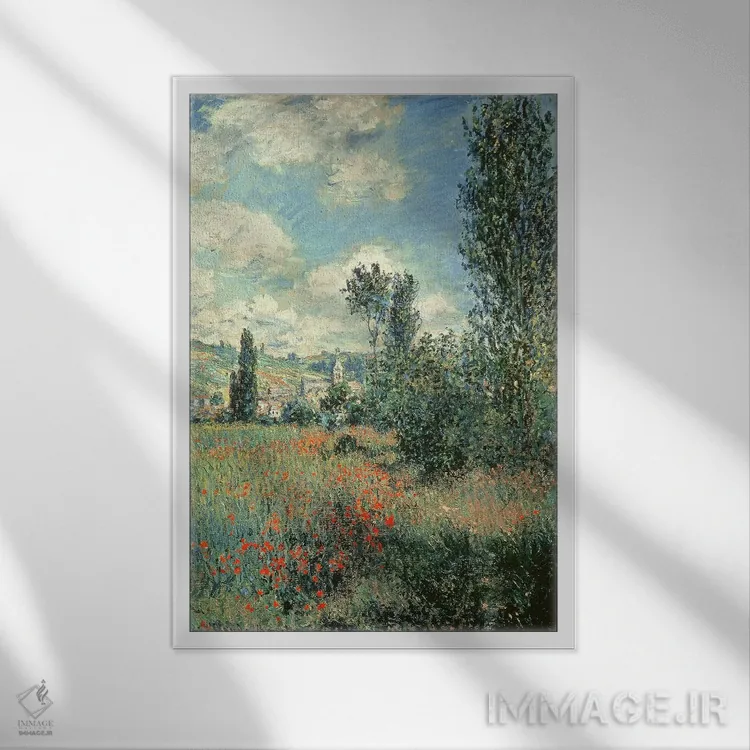 تابلو Ile Saint-Martin, Vetheuil, 1880,مسیر میان گلهای شقایق، جزیره سنمارتین، وتوی، ۱۸۸۰ اثر کلود مونه (نقاش معروف فرانسوی) - نمای قابدار سفید