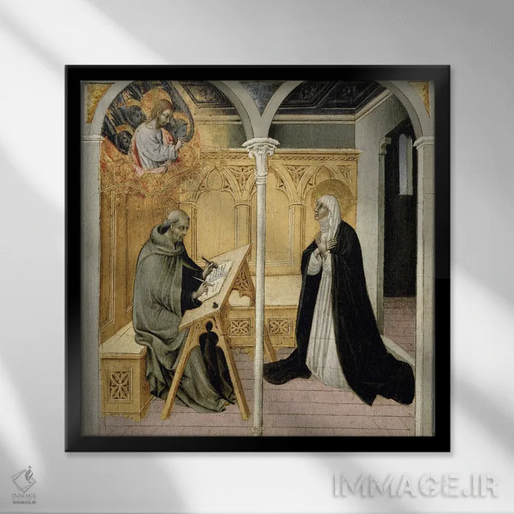 تابلو c.1447-49,سنت کاترین سیینا در حال دیکته گفتوگوهایش، حدود ۱۴۴۷-۴۹ اثر جیووانی دی پائولو دی گراتزیا (نقاش ایتالیایی) - نمای قابدار مشکی