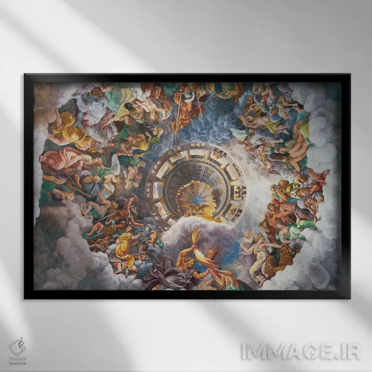 تابلو Fall Of The Giants Fresco, Sala dei Giganti, 1530-34,جزئیات سقف، نقاشی فرسک سقوط غولها، سالن جاینتی، ۱۵۳۰-۳۴ اثر جولیو رومانو (نقاش رنسانس ایتالیایی) - نمای قابدار مشکی