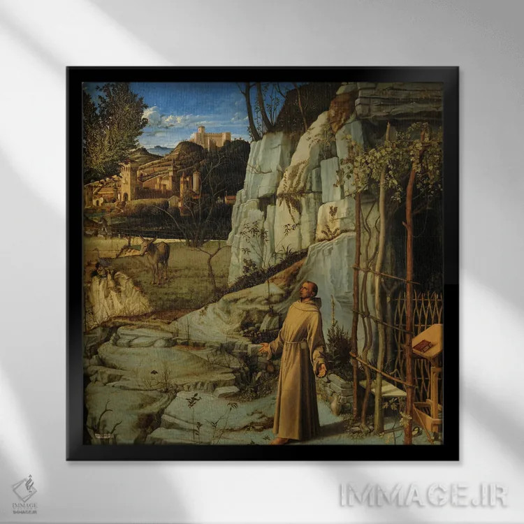تابلو c.1476-78,سن فرانسیس در صحرا، حدود ۱۴۷۶-۷۸ اثر جیووانی بلینی (نقاش رنسانس ونیز) - نمای قابدار مشکی
