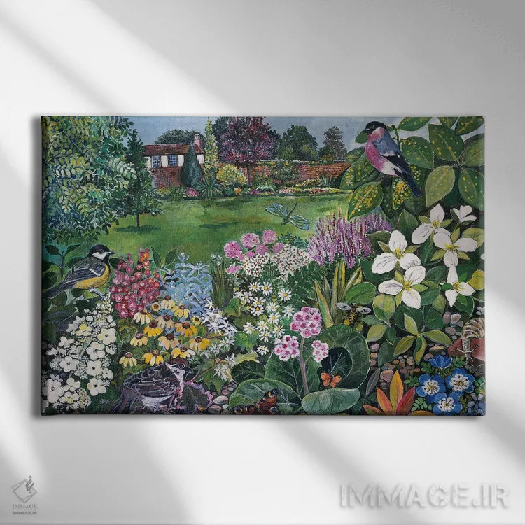 تابلو باغ با پرندگان و پروانهها اثر هیلاری جونز - نمای روبهرو روی دیوار