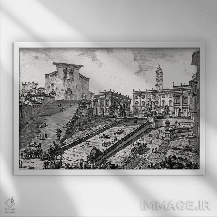 تابلو c.1760,نمای کامپیدولیو رم با پلکان منتهی به کلیسای آراچلی (اثر حکاکی از مناظر رم)، حدود ۱۷۶۰ اثر جیووانی باتیستا پیرانزی (هنرمند و معمار ایتالیایی) - نمای قابدار سفید