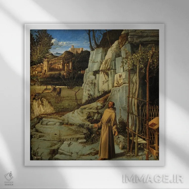 تابلو c.1476-78,سن فرانسیس در صحرا، حدود ۱۴۷۶-۷۸ اثر جیووانی بلینی (نقاش رنسانس ونیز) - نمای قابدار سفید
