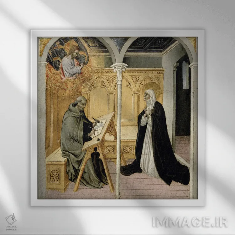تابلو c.1447-49,سنت کاترین سیینا در حال دیکته گفتوگوهایش، حدود ۱۴۴۷-۴۹ اثر جیووانی دی پائولو دی گراتزیا (نقاش ایتالیایی) - نمای قابدار سفید