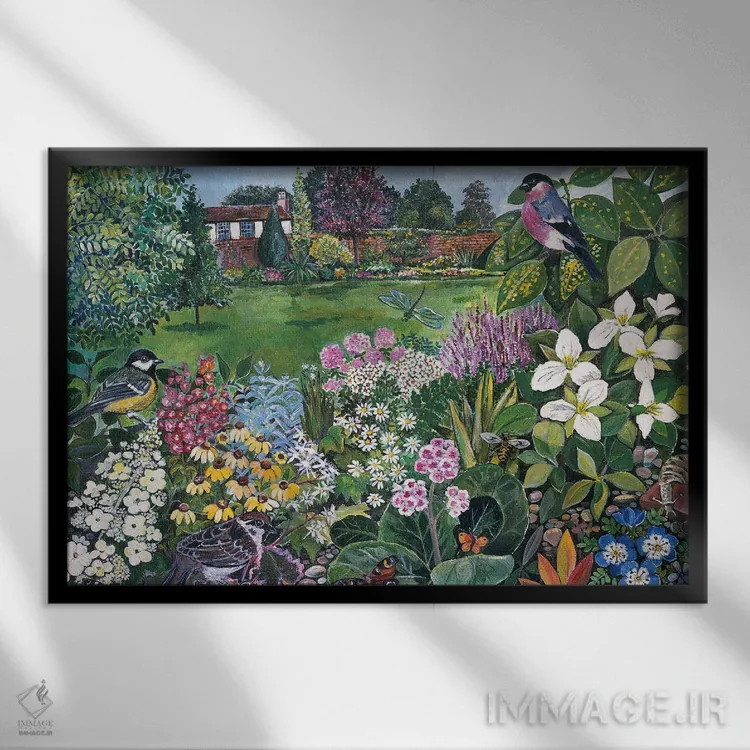 تابلو باغ با پرندگان و پروانهها اثر هیلاری جونز - نمای قابدار مشکی