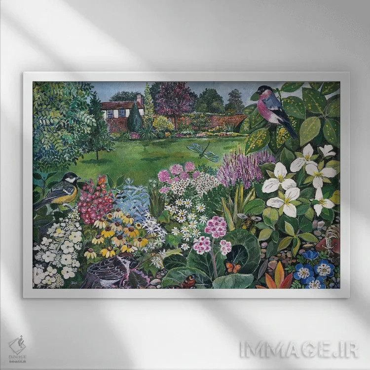 تابلو باغ با پرندگان و پروانهها اثر هیلاری جونز - نمای قابدار سفید