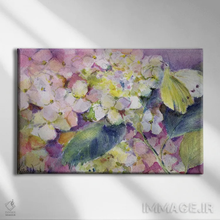 تابلو پروانه زرد کمرنگ (کولیاس هیاله) روی گل ادریسی اثر کارن آرمیتاژ - نمای روبهرو روی دیوار