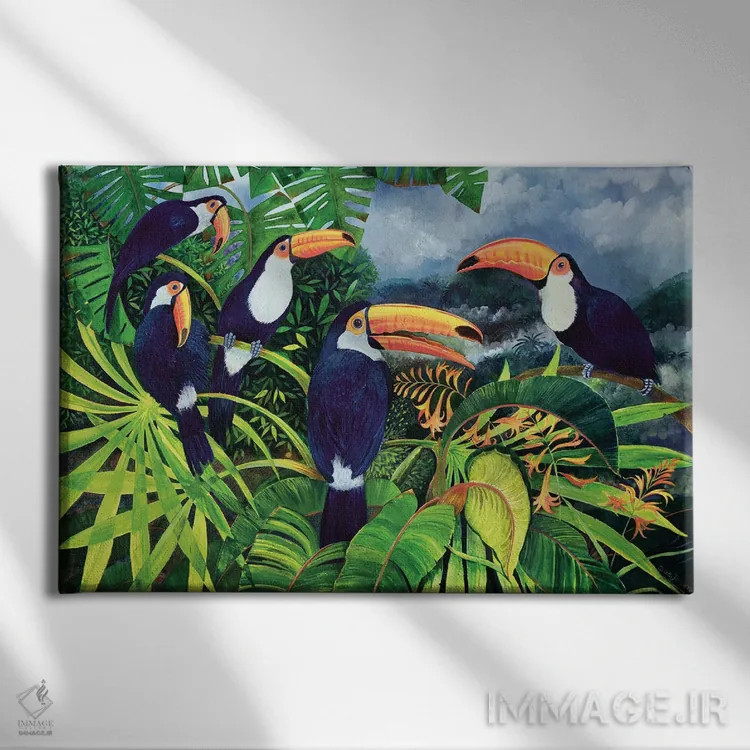 تابلو صحبت توکان (نوعی پرنده) اثر لیزا گرا یِنسن - نمای روبهرو روی دیوار