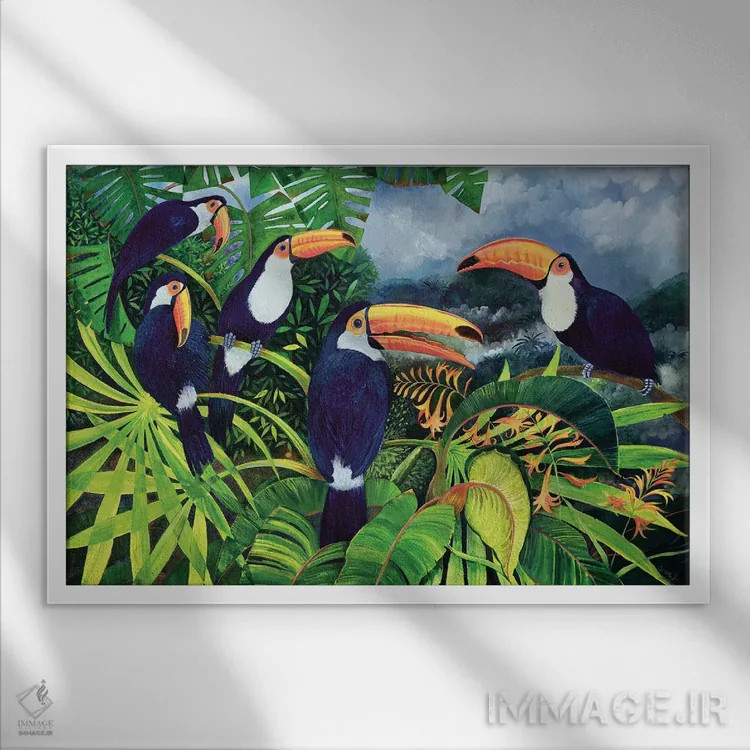 تابلو صحبت توکان (نوعی پرنده) اثر لیزا گرا یِنسن - نمای قابدار سفید