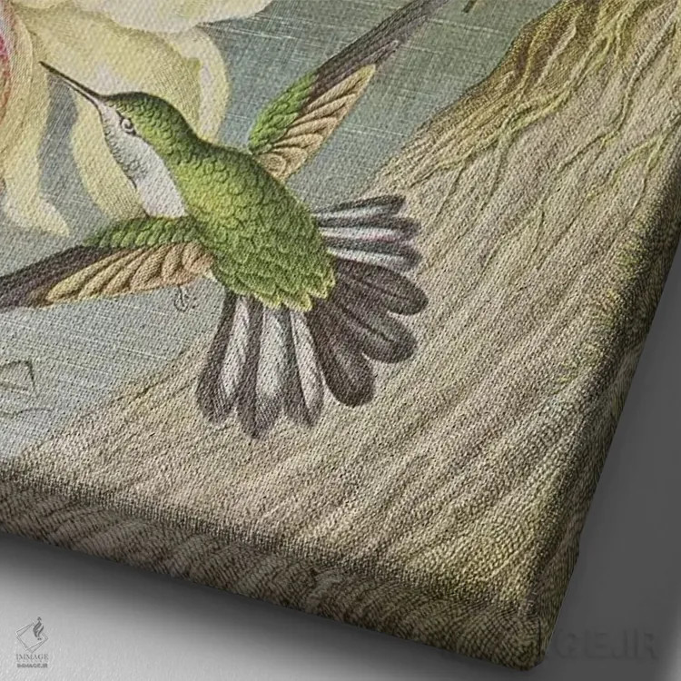 تابلو مرغهای مگسخوار میان گلهای استوایی اثر مکتب انگلیسی (سبک یا جنبش هنری) - نمای نزدیک بافت بوم