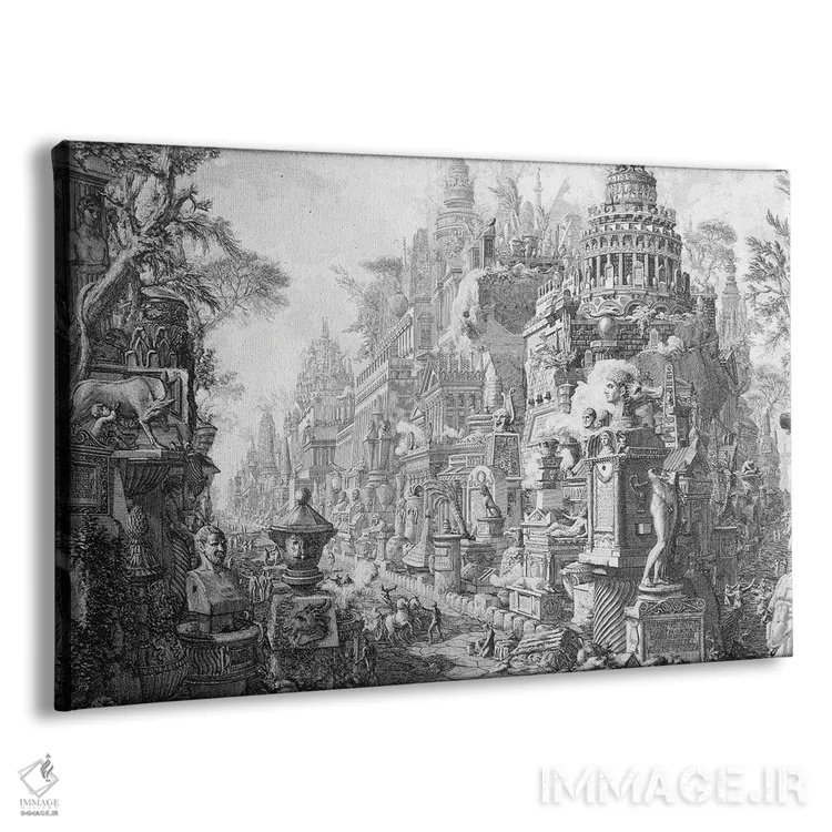 تابلو From 'Le Antichita Romane De G.B. Piranesi ', Published In Paris, 1835,صفحه آغازین تمثیلی رم و تاریخ آن، از کتاب "آثار باستانی رم" اثر پیرانزی، چاپ پاریس ۱۸۳۵ اثر جیووانی باتیستا پیرانزی (هنرمند و معمار ایتالیایی) - نمای پرسپکتیو محصول