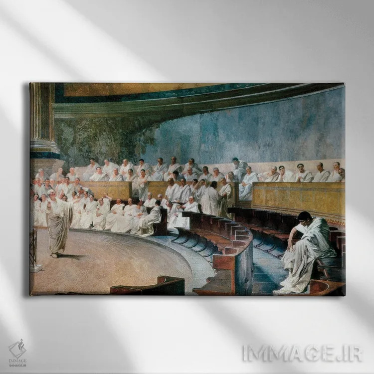 تابلو From A Fresco, 1920 II,سیسرون کاتیلینا را در مجلس سنا افشا میکند، از نقاشی فرسک، ۱۹۲۰ اثر چزاره ماکاری (نقاش ایتالیایی) - نمای روبهرو روی دیوار