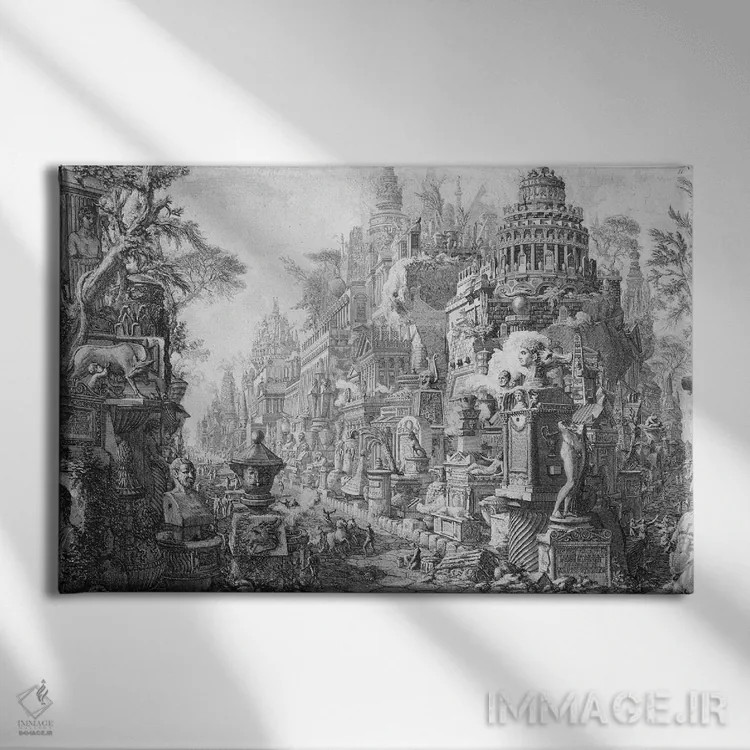 تابلو From 'Le Antichita Romane De G.B. Piranesi ', Published In Paris, 1835,صفحه آغازین تمثیلی رم و تاریخ آن، از کتاب "آثار باستانی رم" اثر پیرانزی، چاپ پاریس ۱۸۳۵ اثر جیووانی باتیستا پیرانزی (هنرمند و معمار ایتالیایی) - نمای روبهرو روی دیوار