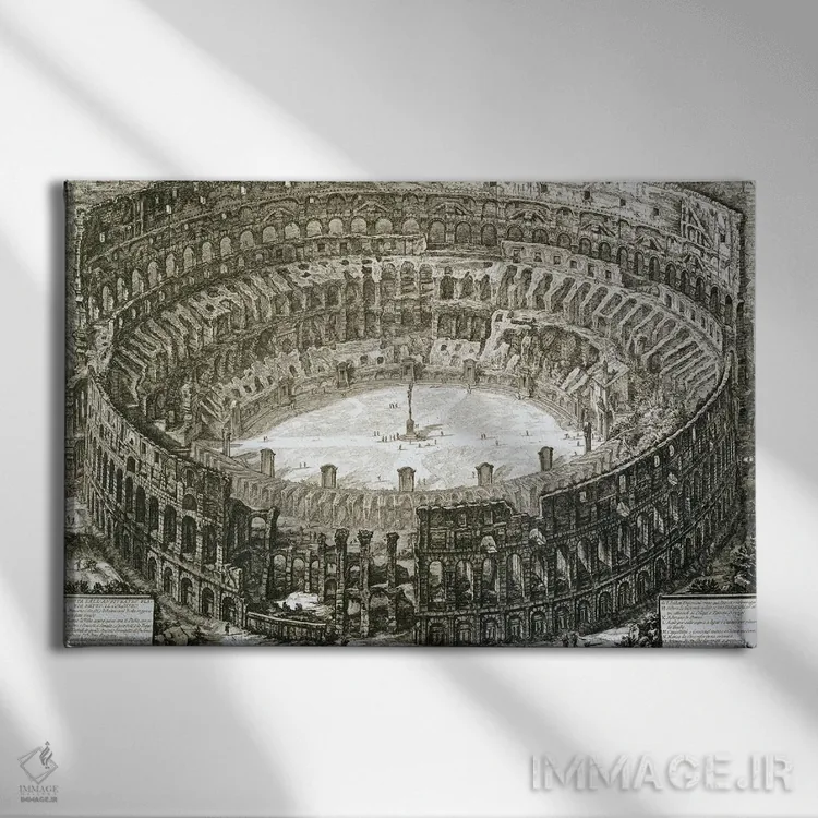 تابلو First Published In 1756, Printed Paris 1800,نمای هوایی کلوسئوم در رم از مجموعه "مناظر رم"، چاپ اول ۱۷۵۶، چاپ پاریس ۱۸۰۰ اثر جیووانی باتیستا پیرانزی (هنرمند و معمار ایتالیایی) - نمای روبهرو روی دیوار