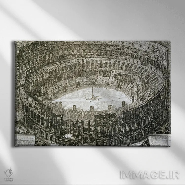 تابلو First Published In 1756, Printed Paris 1800,نمای هوایی کلوسئوم در رم از مجموعه "مناظر رم"، چاپ اول ۱۷۵۶، چاپ پاریس ۱۸۰۰ اثر جیووانی باتیستا پیرانزی (هنرمند و معمار ایتالیایی) - نمای روبهرو روی دیوار