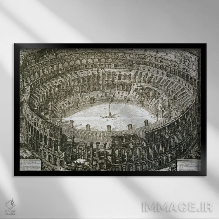تابلو First Published In 1756, Printed Paris 1800,نمای هوایی کلوسئوم در رم از مجموعه "مناظر رم"، چاپ اول ۱۷۵۶، چاپ پاریس ۱۸۰۰ اثر جیووانی باتیستا پیرانزی (هنرمند و معمار ایتالیایی) - نمای قابدار مشکی