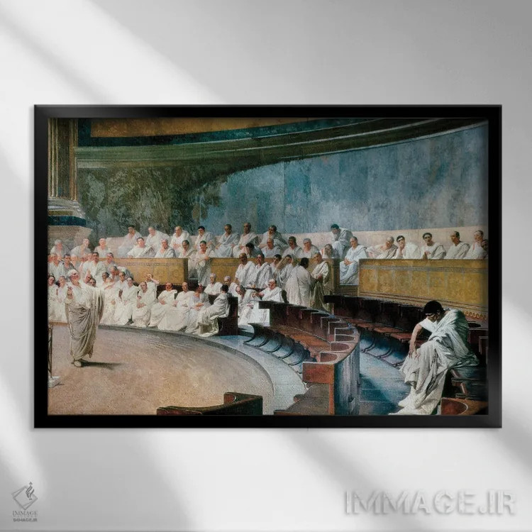 تابلو From A Fresco, 1920 II,سیسرون کاتیلینا را در مجلس سنا افشا میکند، از نقاشی فرسک، ۱۹۲۰ اثر چزاره ماکاری (نقاش ایتالیایی) - نمای قابدار مشکی