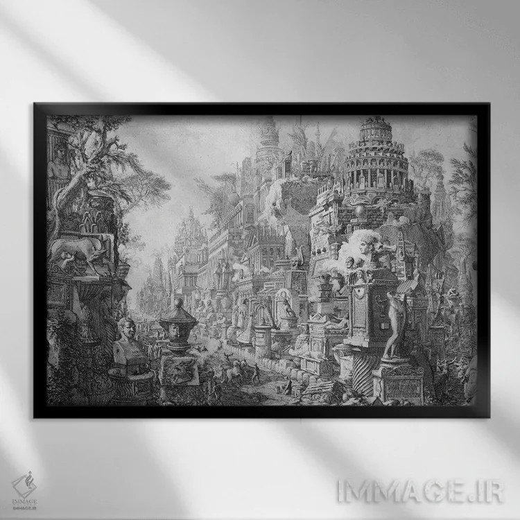 تابلو From 'Le Antichita Romane De G.B. Piranesi ', Published In Paris, 1835,صفحه آغازین تمثیلی رم و تاریخ آن، از کتاب "آثار باستانی رم" اثر پیرانزی، چاپ پاریس ۱۸۳۵ اثر جیووانی باتیستا پیرانزی (هنرمند و معمار ایتالیایی) - نمای قابدار مشکی