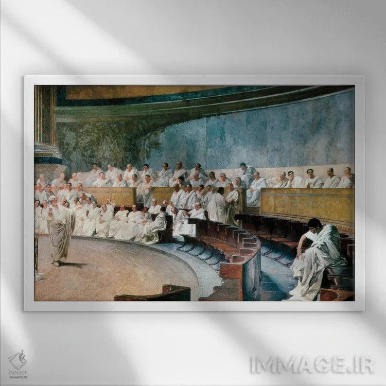 تابلو From A Fresco, 1920 II,سیسرون کاتیلینا را در مجلس سنا افشا میکند، از نقاشی فرسک، ۱۹۲۰ اثر چزاره ماکاری (نقاش ایتالیایی) - نمای قابدار سفید